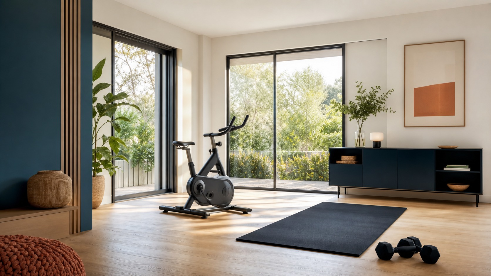 Espace lumineux aménagé pour une séance de fitness à domicile
